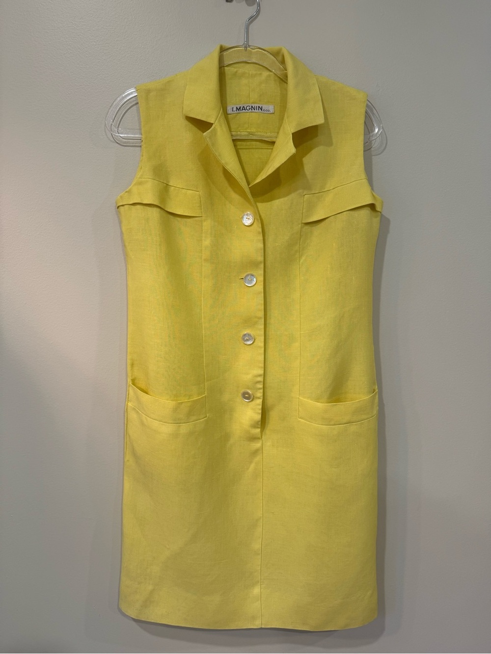 Vintage I. Magnin & Co. Yellow Linen Sleeveless Shirt Dress Mod Shift